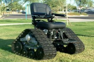 A wheelchair with terrain tracks